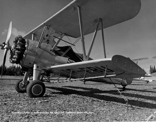 Stearman CF-FBU at Budworm City, NB, 1952. D.C. Anderson photo.
